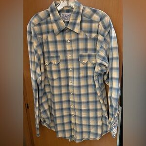 Rockmount Ranch Wear Blue and Cream Plaid Western Button-Down Shirt